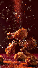 Wall Mural - food photography, fried chicken drumsticks levitating in the air with spices falling on them against a dark red background in a closeup