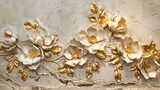 Fototapeta Natura - Light decorative texture of a plaster wall with voluminous decorative flowers and golden elements.