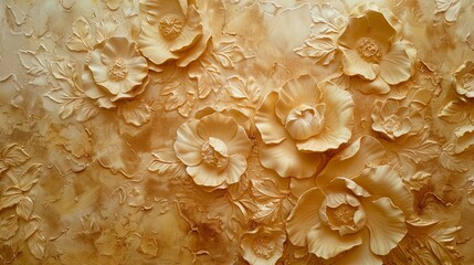 Wall Mural - Light decorative texture of a plaster wall with voluminous decorative flowers and golden elements.