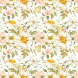 Seamless pattern of watercolor flowers: white peonies, pink roses, cosmos flowers, anemones, branches with berries, buds, herbs and leaves. All elements are hand-drawn with watercolors and isolated.