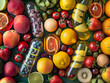 A vibrant image showcasing a variety of colorful fruit and vegetable power supplement capsules, filled with essential multivitamins for health and wellness. 