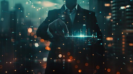 male businessman's hand touches digital connection technology particles