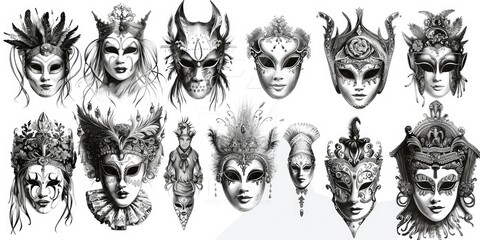 Poster - Collection of black and white hand-drawn masks, versatile for various designs
