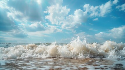Poster - A wave rolls in on the beach as the sun shines through the clouds. Suitable for travel and nature concepts