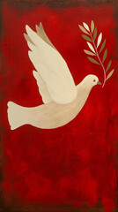 Wall Mural - Beautiful red background representing a flying dove of peace with olive branch tree and golden leaves, elegant white bird silhouette on red painted wood, ancient traditional naive art painting