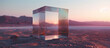 3d abstract forgotten world inside a transparent glass cube, sculpture with gradient colors in the desert, caustics, light reflection and refraction