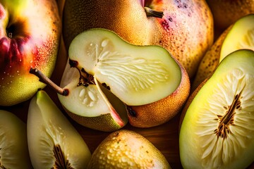 Wall Mural - A close-up of a sliced pear, showcasing its juicy texture and subtle grainy surface.