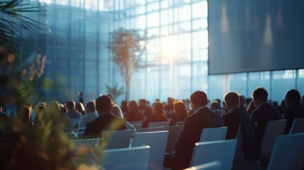 Poster - A group of people sitting in chairs in front of a screen. Suitable for business presentations or team meetings