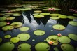 A serene pond covered in lily pads, with a single blooming water lily adding a touch of color to the scene.