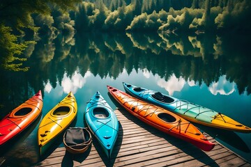 Wall Mural - A row of colorful kayaks floating on a calm lake, ready for a day of adventure and exploration.