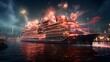 Cruise ship in the night city. Panoramic image.