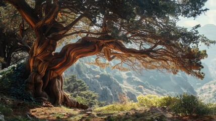 Aufkleber - Scenic view of a large tree on a hillside with a majestic mountain in the background. Suitable for nature and landscape themes