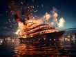 Cruise ship with fire and fireworks in the night, 3d illustration
