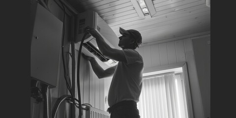 Poster - A man working on fixing a window. Suitable for home improvement projects