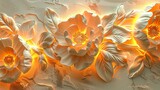 Fototapeta Na ścianę - Light decorative texture of a plaster wall with voluminous decorative flowers and golden elements.