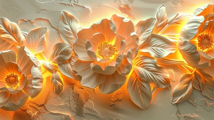 Wall Mural - Light decorative texture of a plaster wall with voluminous decorative flowers and golden elements.