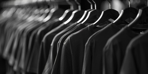 Poster - A monochrome image of a rack of shirts, suitable for fashion blogs or clothing advertisements