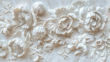Wall Mural - Light decorative texture of plaster wall with volumetric decorative flowers.