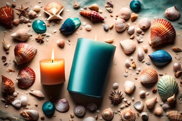 Wall Mural - A colorful candle mockup with a textured background and an assortment of seashells.