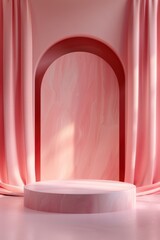 Poster - Stage with pink curtain and white platform, suitable for performances or presentations