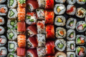 Wall Mural - Close-up photo of sushi Fish and rice of various kinds and colors were rolled up and arranged in large piles.