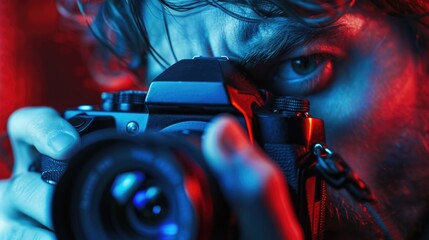 Poster - A man capturing a moment with a camera. Suitable for photography enthusiasts