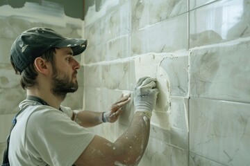 Sticker - Man painting a wall with white paint, suitable for home improvement projects