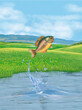 un pérche soleil   poisson qui saut et sort de l'eau avec splash