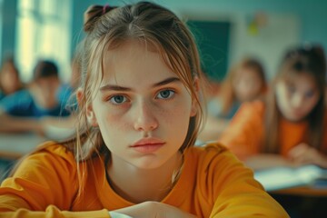 Poster - A young girl sitting at a desk in a classroom. Suitable for educational concepts