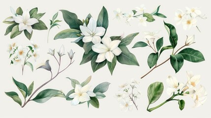 Poster - White flowers and leaves on a clean white background, suitable for various design projects