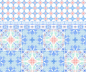  A canvas of seamless watercolor patterns of Sicilian majolica in soft pastel colors. Companion prints collected into one endless pattern. Hand drawn set of traditional tiles.