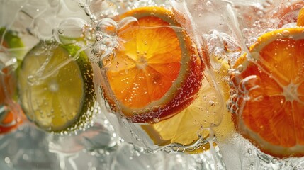 Poster - Fresh oranges and limes submerged in water. Suitable for health and wellness concepts