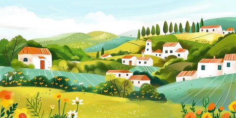 Poster - A picturesque village scene in a vast field. Ideal for rural-themed projects