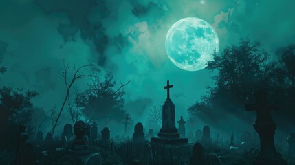 Poster - Eerie scene of a cemetery under the full moon. Perfect for Halloween themes