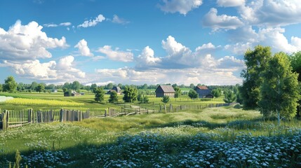 Poster - A serene landscape with a field, fence, and distant houses. Suitable for real estate or travel concepts