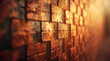 Brick wall retro style deep perspective abstract background gold color warm light