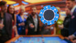 Casino Players Making Bets at a Roulette Table. A crowd of International People Enjoying Nightlife in City. Male Gambler Tossing a Casino Chip with Template Placeholder Flying At the Camera.