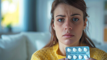 Canvas Print - Illness remedy: A woman holding a blister pack of medication, looking concerned