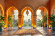 A stunning photo of an Arabic-style villa interior, showcasing arches and traditional patterns in warm hues. Created with Ai