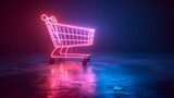 Fototapeta  - Neon Shopping Cart Icon Leads the Way to a Secret Pop Up Shop Igniting the Thrill of the Hunt with Endless Possibilities