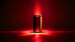 A can of soda is lit up in red light. Concept of excitement and energy, as if the soda is being poured out of the can. on a dark background with a centre red light product poster
