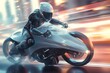 Motorcycle rider in full gear speeding on a futuristic bike with motion blur background.