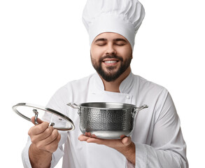 Canvas Print - Happy young chef in uniform holding cooking pot on white background