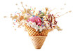 Exploding dairy ice cream scoops in a waffle cone png, isolated on transparent background, clipart, cutout.