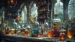 Medieval Alchemist: Capture the mystique of an alchemist's laboratory with potions, scrolls, and arcane symbols to depict medieval science and magic 