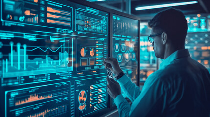 Poster - data scientist standing in a data monitoring room working with business analysis data, digital technology concept illustration	