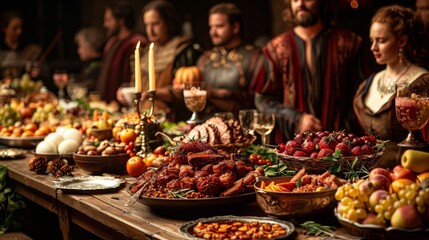 Medieval Banquet: Photograph a lavish banquet table with noble guests, feasting on roasted meats, fruits, and goblets of wine to showcase medieval dining customs