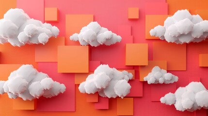 A 3D illustration featuring clouds shaped like geometric objects