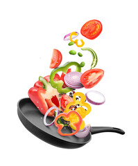 Wall Mural - Frying pan with fresh ingredients in air on white background