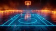 A 3D render of glowing neon basketball court of fiery orange and icy blue
